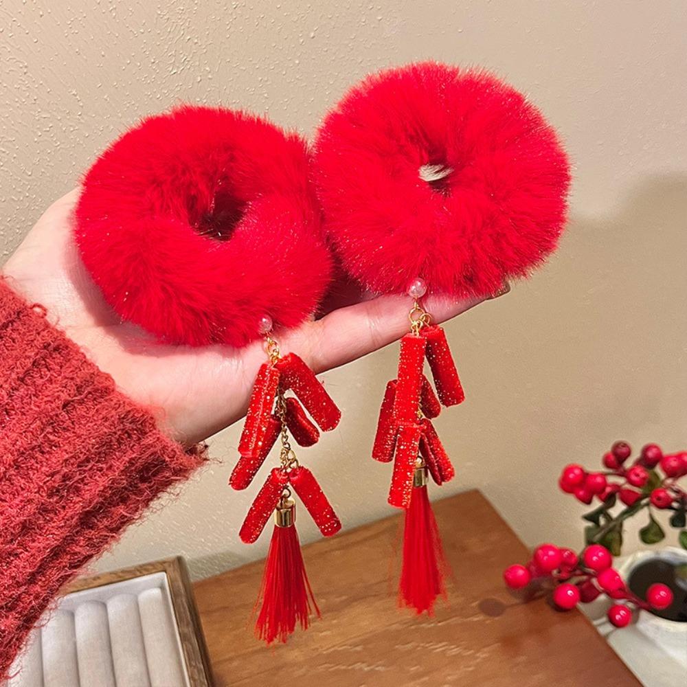 2pcs Elastic New Year's Red Plush Hair Rope Ancient Style Girl Hair Ties Daily Life