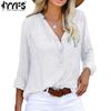 Женские модные повседневные весенне-осенние однотонные блузки и рубашки с v-образным вырезом и длинным рукавом с принтом