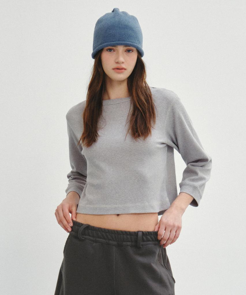 CITTA Waffle Semi Crop T-Shirt_Ctt3003(Grey)
