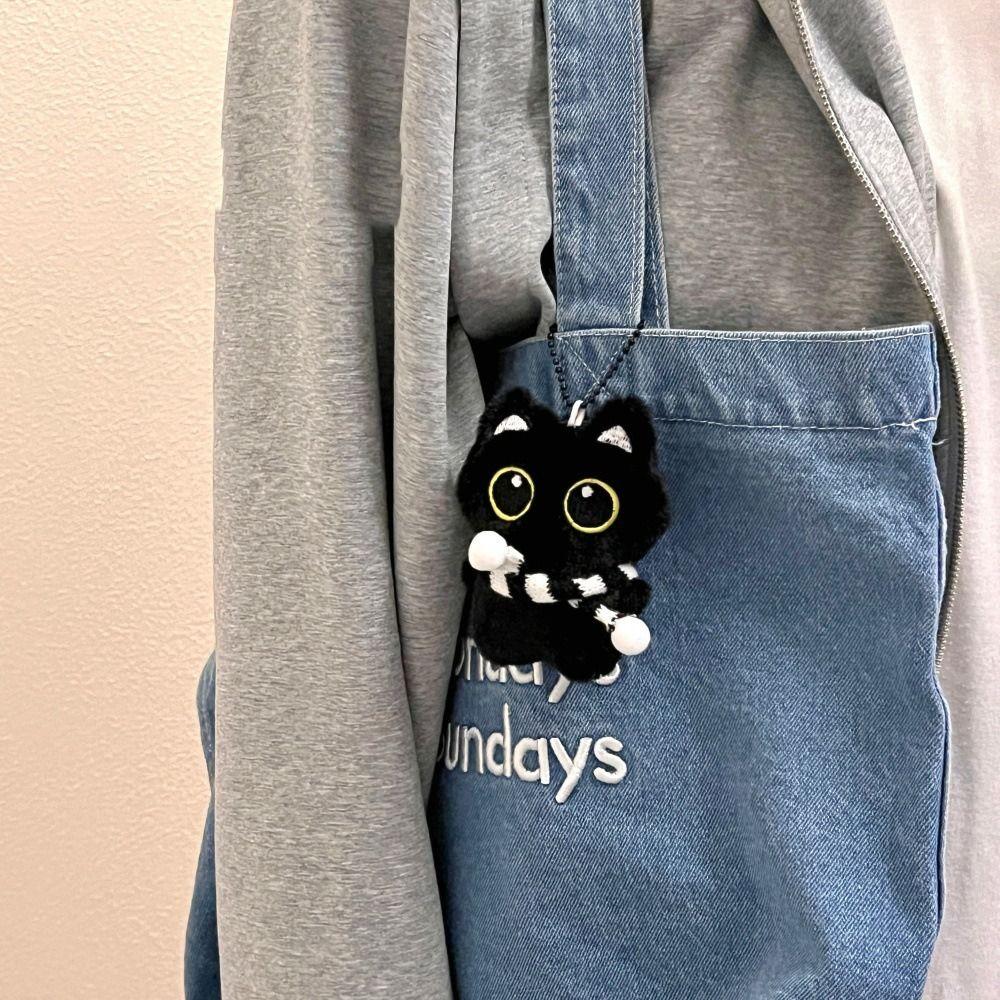 Chirping Squeeze Plush Keychain Cartoon Plush Stuffed Toys Squeak Scarf Black Cat Pendant  Couple