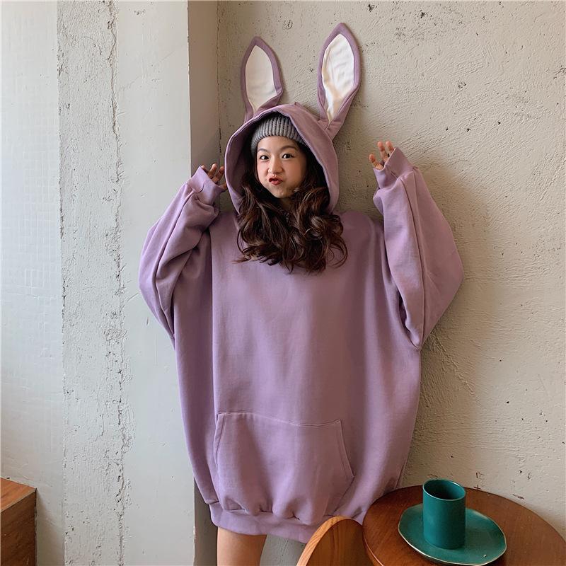 Women Warm Soft Hoodies Student Long-sleeved Rabbit Ears Pullover Casual Versatile Retro Simple Literary Sweater Tops