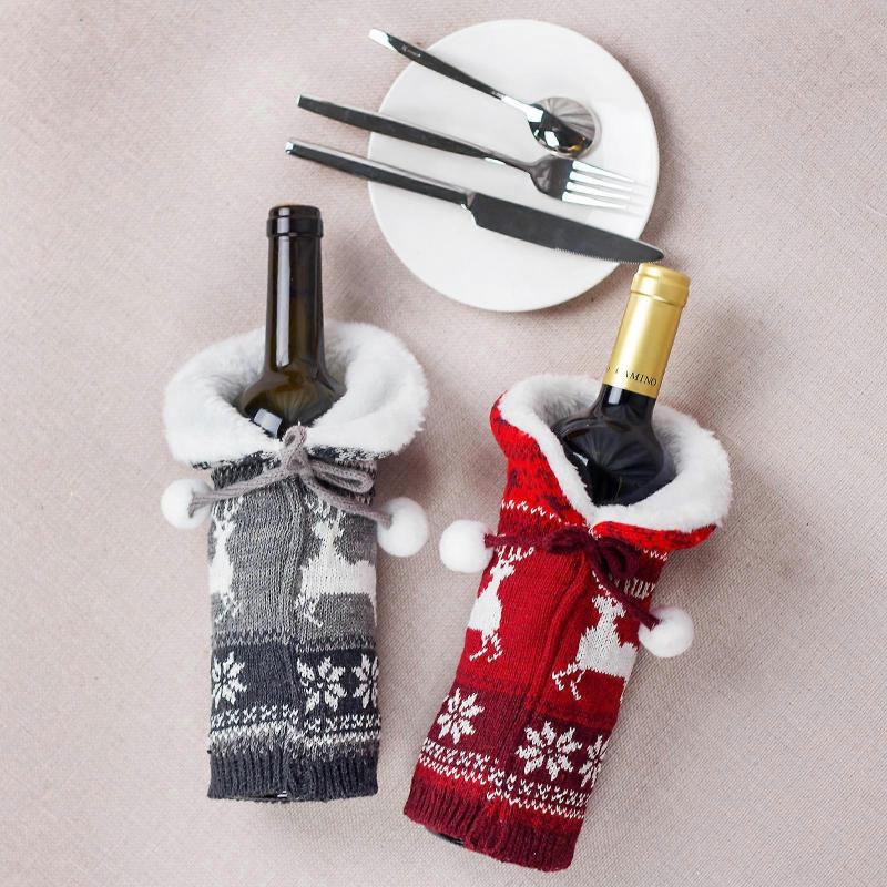 New Christmas Ornaments Plush Knitted Wine Bottle Cover Red Wine Bottle Cap Holiday Home Decoration Wine Cover Set of 3 with Faux Fur Collar