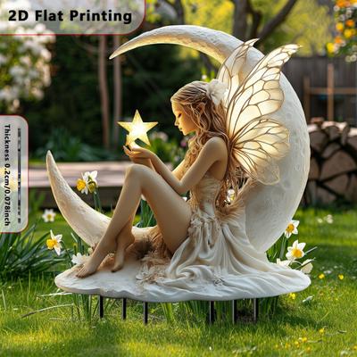 Акриловый садовый колышек с луной и феей, атмосферостойкое уличное украшение для двора, газона, патио, дорожки, убывающая луна, колышек с эльфом, палочка, орнамент