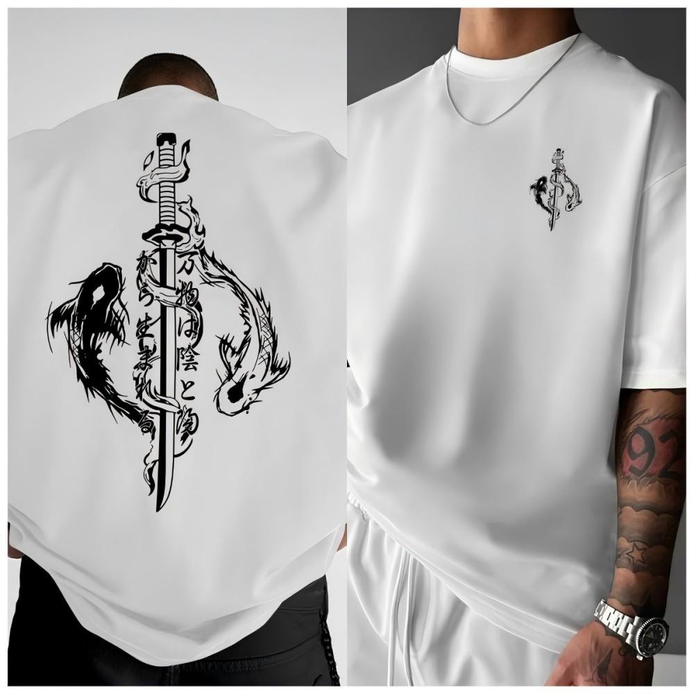 American style new Unisexs summer koi samurai sword letter print soft and breathable round neck Tshirt outdoor casual top