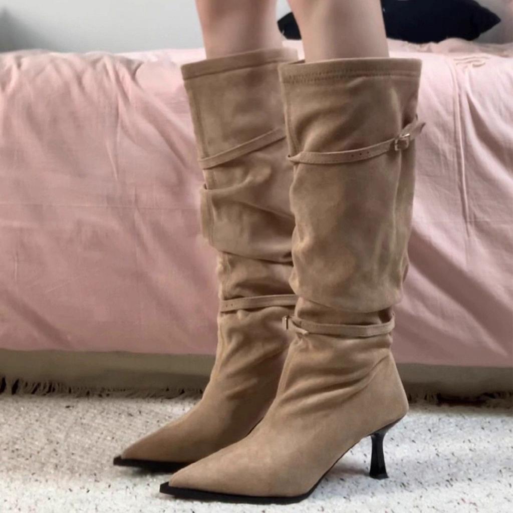 Pleated Stacked Boots Belt Buckle High-heeled Boots Autumn and Winter New French Fashion Pointed Suede Boots Women