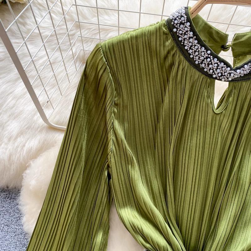 European American Dress Spring Autumn New Patchwork Diamond Embellishment Stand Collar Dresses Slim Satin Dresses