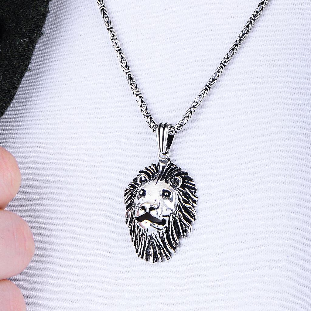925K Sterling Silver Lion Head Pendant Necklace for Men, Byzantine Chain, Unique Luxury Gift for Him, Bold Statement Jewelry