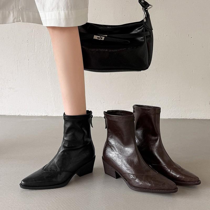 5.5cm Pointed Toe Chunky Heel Ankle Boots Women British Style Fall Winter Back Zip Slim