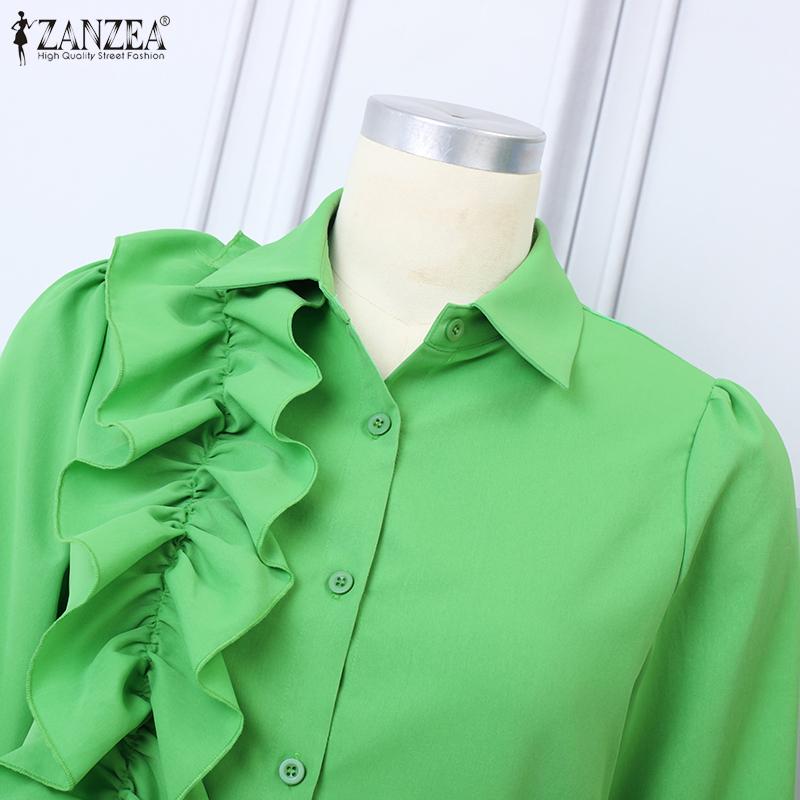 ZANZEA Женская повседневная однотонная рубашка с длинным рукавом и оборками