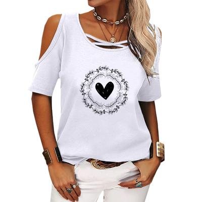 Женская модная футболка с открытыми плечами, женская повседневная футболка с принтом и круглым вырезом, летняя футболка с коротким рукавом