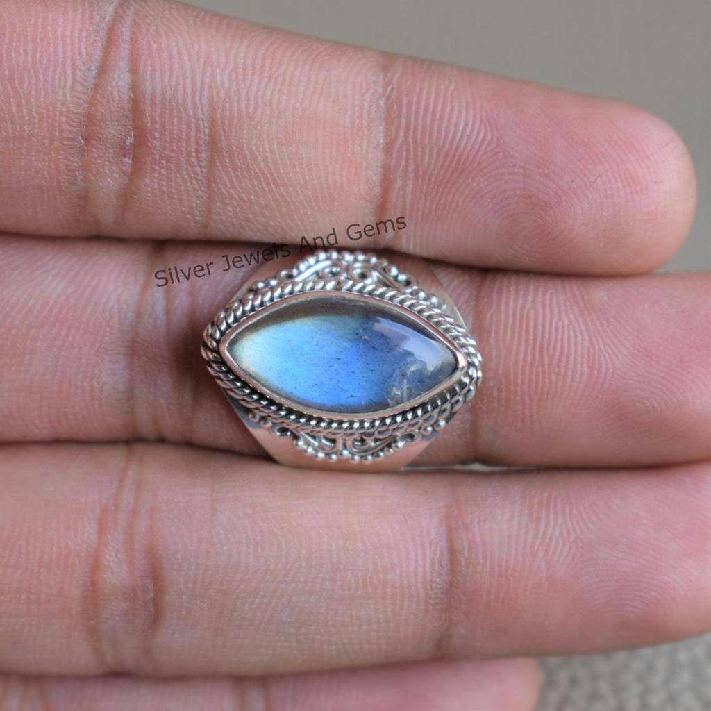 Marquise Labradorite Ring: Handmade 925 Sterling Silver Boho Ring