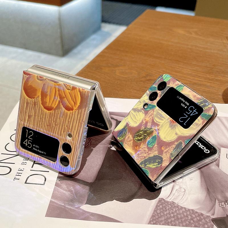 Cute Blue Ray Oil Painting Flower Phone Case For Samsung Galaxy Z Flip 3 4 5g Back Cover For Woman Girl