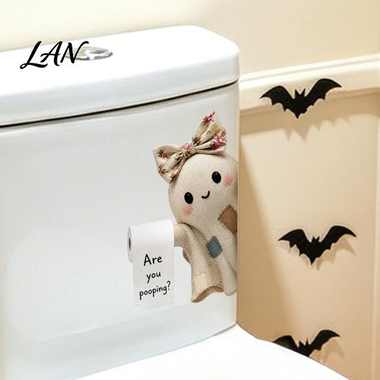 Spooky Bathroom Wall Decor Halloween Sticker, Cute Ghost Witch Cat Toilet Decal, Lifelike Art Skeleton Are You Pooping Sticker for Funny English Quote