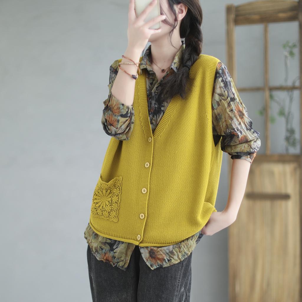 Женская винтажная вышивка V-образный вырез весна осень однобортная женская одежда повседневный вязаный свитер жилет