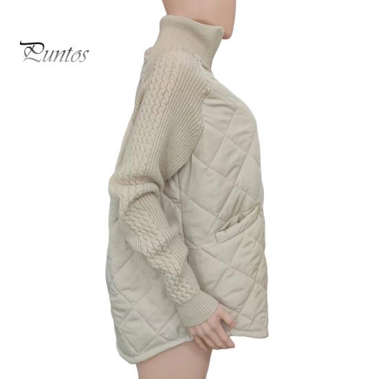 Women Winter Coat Stand Collar Neck Protection Knitted Patchwork Drawstring Hem Zipper Closure Mid Length Windproof Cotton Jacket