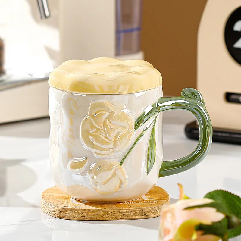 Relief Rose Flower Ceramic Mug Coffee Milk Cup Tea Cup Ins Style Hand-painted Design Couple Girl Romantic Drinkware Mug Gift