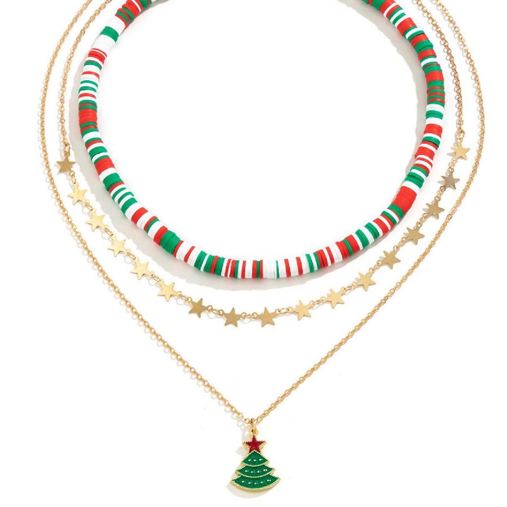 Женское ожерелье-чокер 'Мультяшная рождественская елка' - Многослойное, из бусин, с эмалью и полимерной глиной