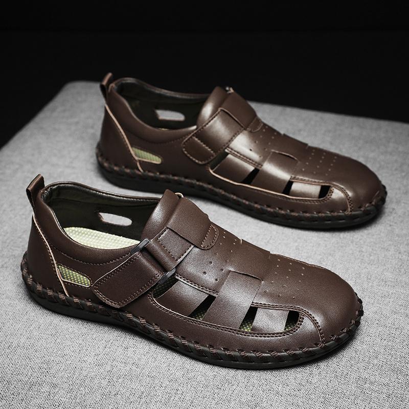 Модные летние сандалии ручной работы из натуральной кожи, мужская повседневная обувь, уличные нескользящие сандалии, полая мужская пляжная обувь, римские сандалии