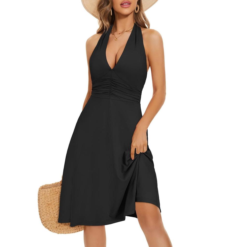 Sleeveless Summer Dress Women Halter Neck Tie Back Floral Print Elastic Waist Ruffle Hem Casual Dress with Pockets