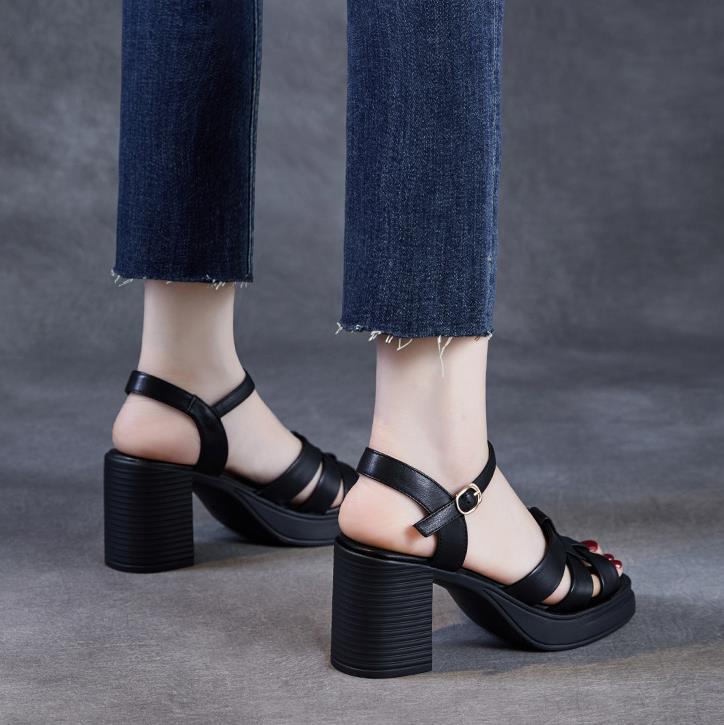 Fashion Top Layer Cowhide Roman Sandals For Women, New High Heels And Height Increasing Sandals For Spring And Summer 2025