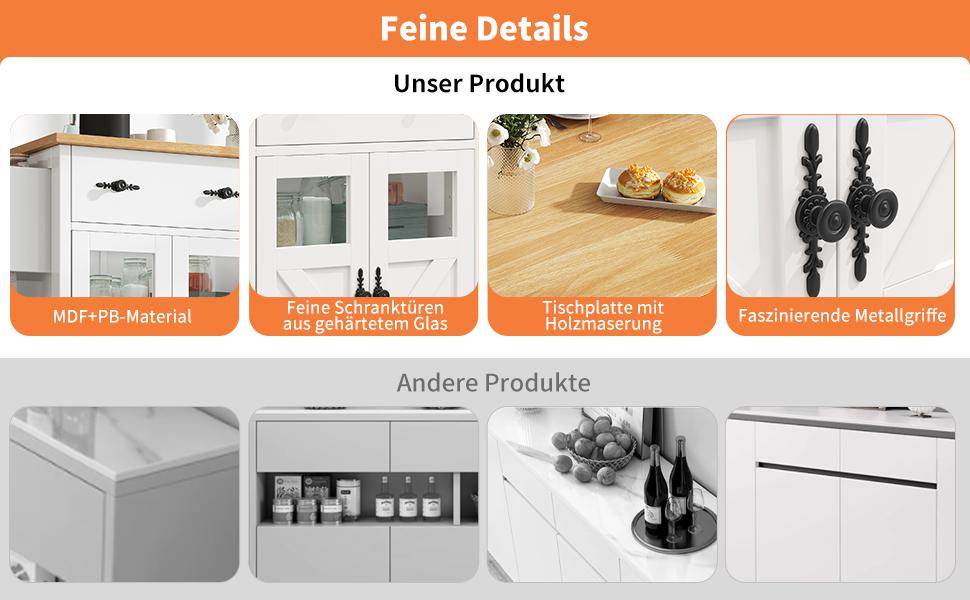 Kitchen Island, Multifunctional Serving Cart, Large Storage, Mobile Buffet Cabinet, Incl. Brakes and Adjustable Compartments, White