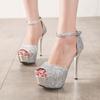 Fashion Black/silver Bling Platform Gladiator Sandals Side Open Peep Toe Trendy Women Stilettos Sequins Thin Heels Buckle Sandales Shoes