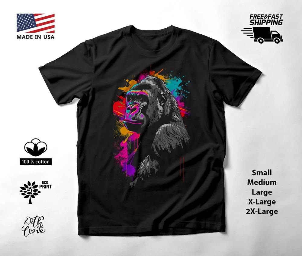 Gorilla Portrait Neon Graphic T-Shirt Black Unisex S-2XL