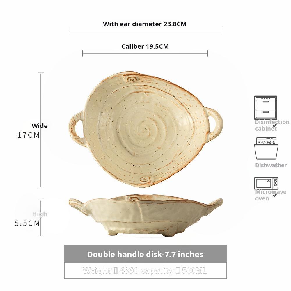 Тарелка из грубой керамики, японская ретро керамическая тарелка с двойными ручками, тарелка для салата, бытовая тарелка для фруктов ручной работы, салатник