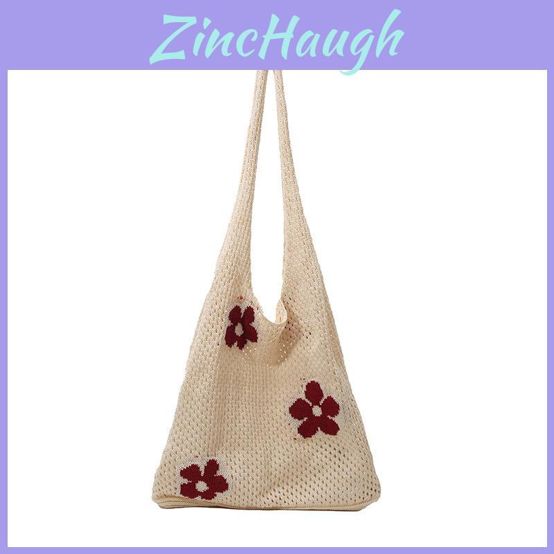 Flower Hollowed Knitting Bag Summer Trendy Large Tote With Open Top And Inner Phone Pocket For Women