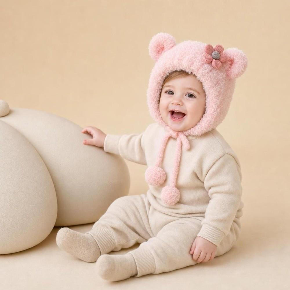Cute Flower Children Beanie Caps Ear Protection Warm Bonnet Kids Plush Caps Newborn Toddler
