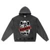 DTG Print Knitted Denim Zip-Up Hoodie Vintage Graphic Brother Print Zipper Hoodies
