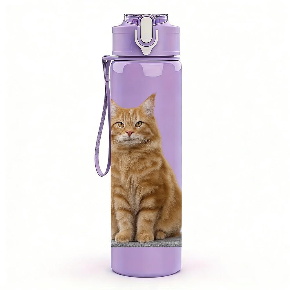 1PC Quiet Orange Tabby Cat 750ml Color Plastic Sports Water Bottle Leakproof Flip Straw Lid Suitable for Sports Office Home Use