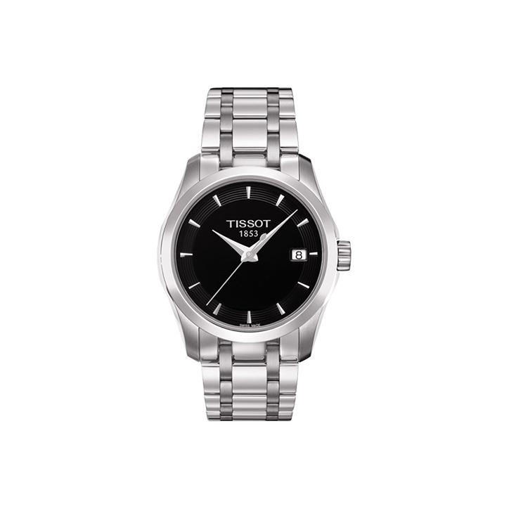 Tissot Серия Kutu Кварцевый механизм Простые Ретро 100м Водонепроницаемые Часы 32мм Черный Циферблат Корпус из Нержавеющей Стали Браслет из Нержавеющей Стали T035.210.11.051.00