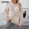 Autumn and Winter Women's Sweater Checkerboard Plaid Pullover Long Sleeve Knit Crew Neck Color Clash Sweater