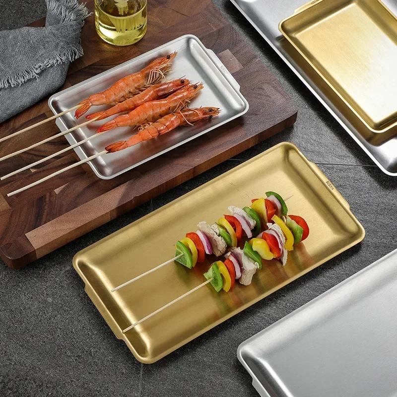304 Stainless Steel Dinner Plates Rectangular Gold Serving Tray Dessert Cake Snack Dishes Barbecue Sushi Dessert Kitchen Plates