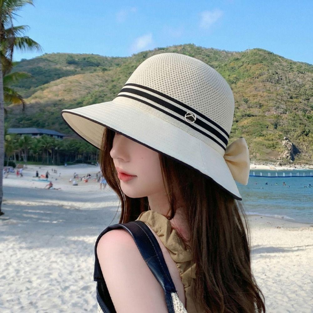 Weave Bow Fisherman Hat Large Bow Sunscreen Bucket Hat Elegant Women Sun Hat  Riding