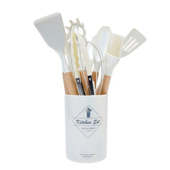 Silicone Kitchenware Set with Wooden Handles Heat Resistant Turner Tongs Spatula Spoon Brush Whisk Nonstick Cooking Tools