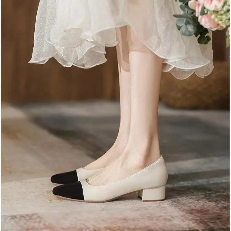 Брендовые черные и бежевые туфли-лодочки из кожи в стиле пэчворк для женщин с толстым каблуком, модельные туфли с квадратным носком, туфли-лодочки Tacones с неглубоким носком и низким каблуком для женщин