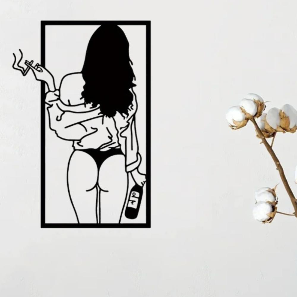 Шикарный цельный металлический настенный рисунок женственный абстрактный линейный рисунок современная женщина сигарета пиво элегантный домашний декор