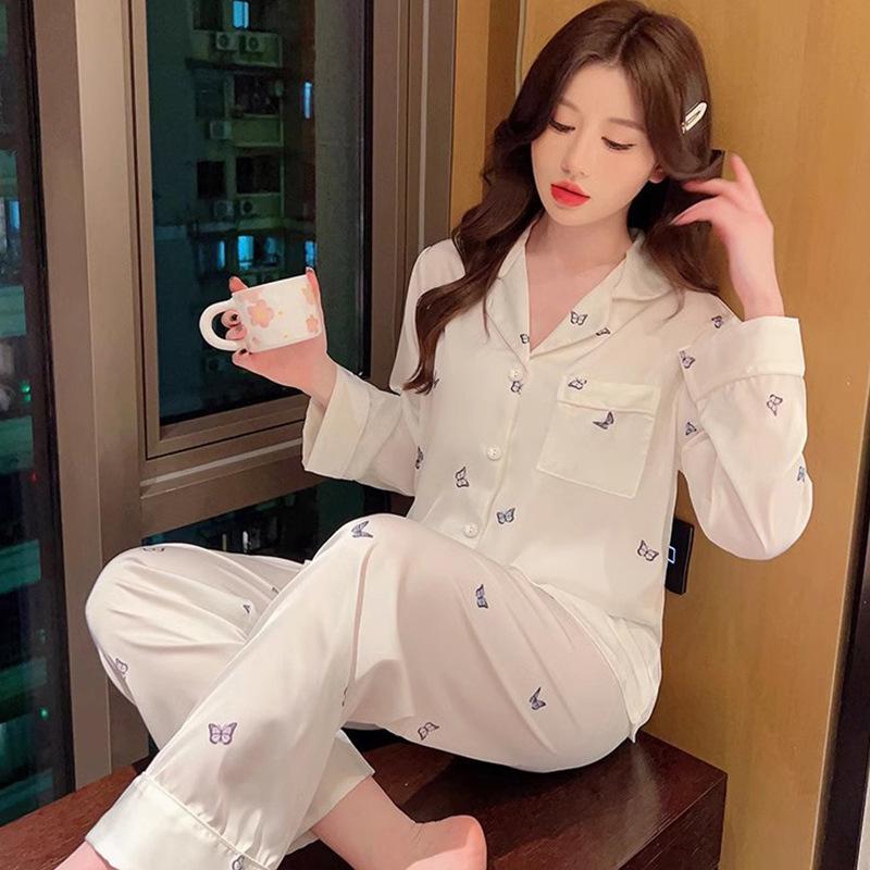 Весна и осень Женская французская романтика Ленивое чувство имитации Шелковая пижама Домашняя одежда Костюм Женский темперамент Домашняя одежда