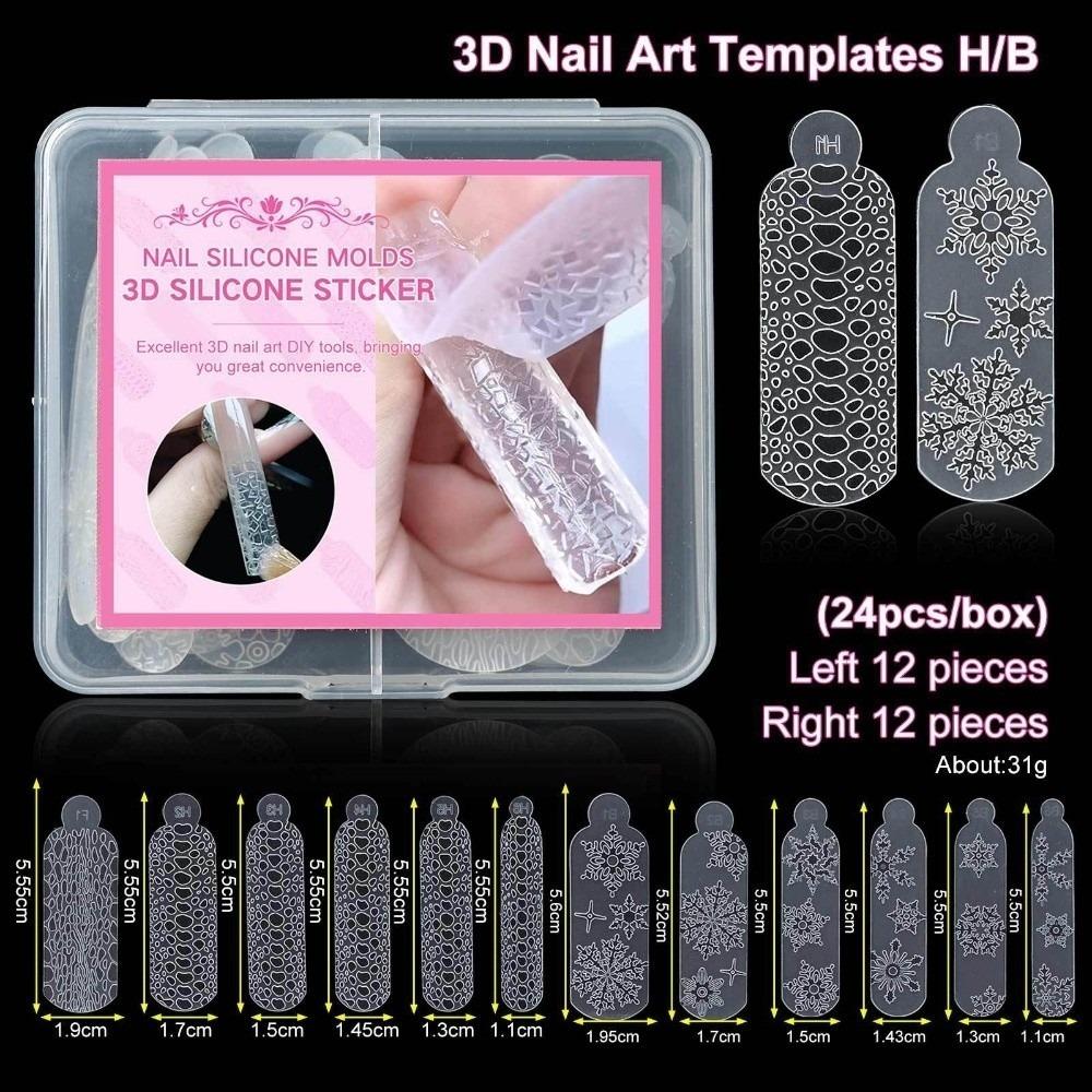 24PCS Snowflake Silicone Nail Sticker Quick Carving Leopard 3D French Nail Stamping Tool Universal Size Nail Crystals Molds