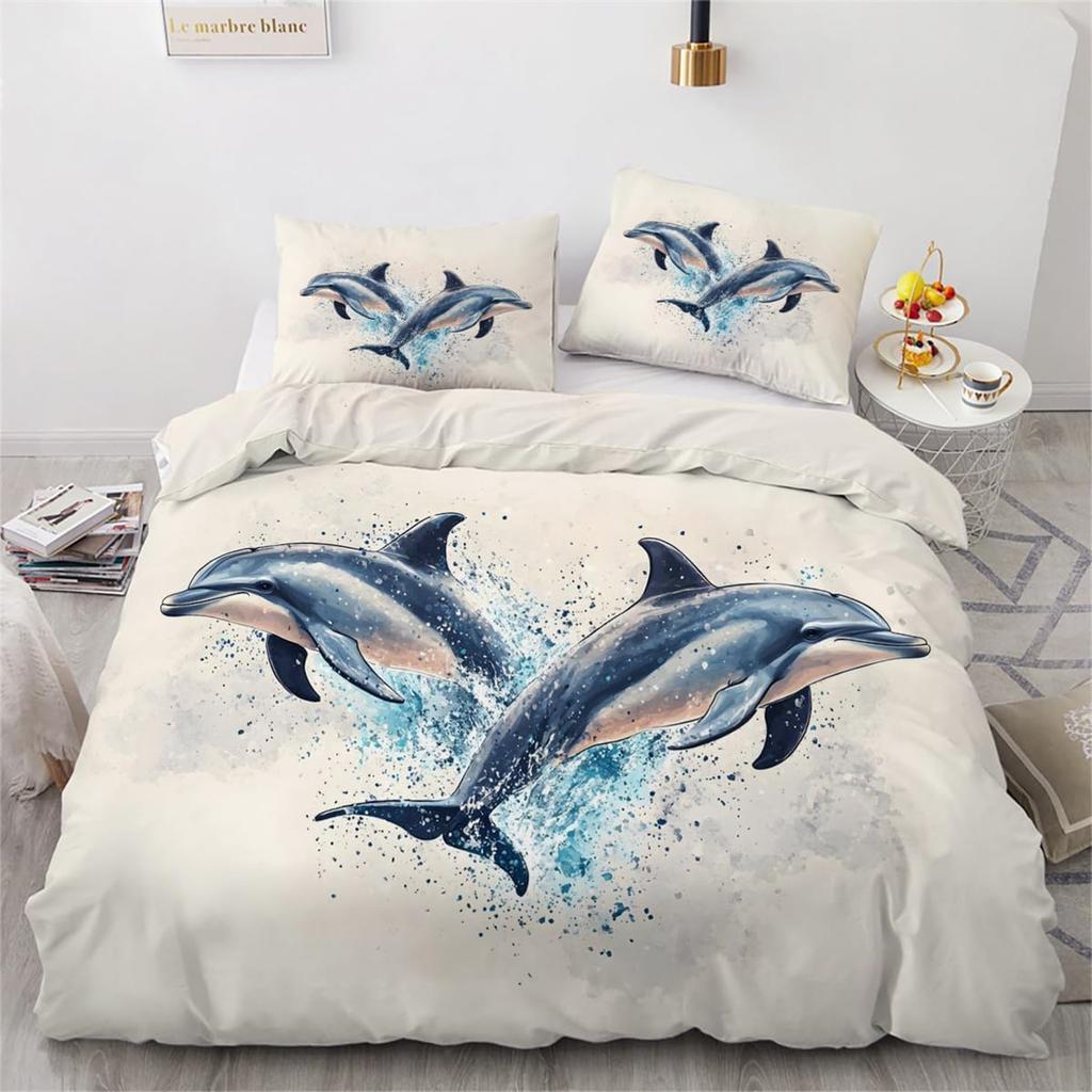 Dolphin Pair Bedding Set Duvet Cover Set 2Piece, Microfibre Bedding Quilt Cover Sets with Pillowcases Watercolour Art Bed Cover