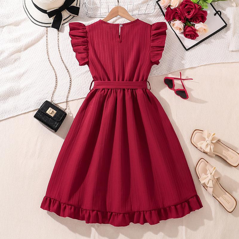 7-12 лет Девочки Платье Летние Новые Платья Модные Рукава-Летки Завязки Текстура Тонкий Темперамент Платье Принцесса Платья