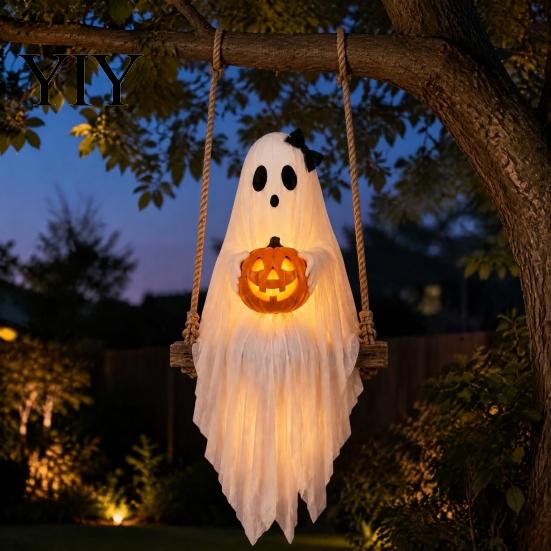 Decorative Props for Festivals Halloween Lighted Ghost Swing with Glowing Pumpkin, Hanging Spooky Decor Gathering Decorations Porch Yard, LED Floating