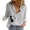 Women Fashion Cat Print Cotton Linen Shirt Ladies Lapel Collar Buttoned Top Spring Summer Fall Casual Loose Long Sleeve Blouses