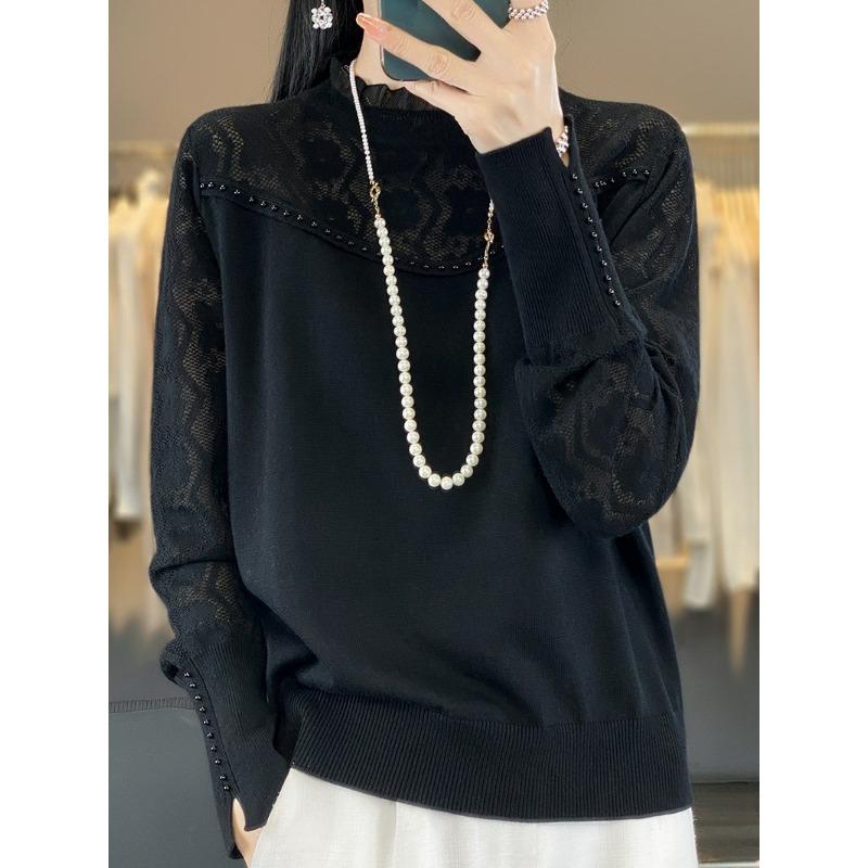 Весенне-осенний женский вязаный свитер с деревянным воротником и ушками, кружевной ажурный шерстяной свитер, свободный однотонный свитер с полувысоким воротом, тонкая рубашка