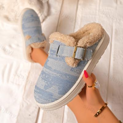Модная женская обувь больших размеров 2025 Зима Новая модная обувь с плюшем на плоской подошве, с ремешком на пряжке, повседневная, удобная, теплая, нескользящая, из хлопка