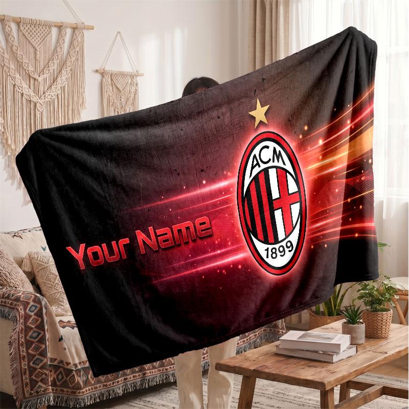 AC Milan Personalized Fleece Blanket With Football Logo, Custom Name Text Soft Warm Home Throw Blanket