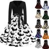 Women Casual Halloween Print V Neck Vintage Dress Long Sleeve Retro Style A Line Skater Dress with Waist Tie for Seasonal Events