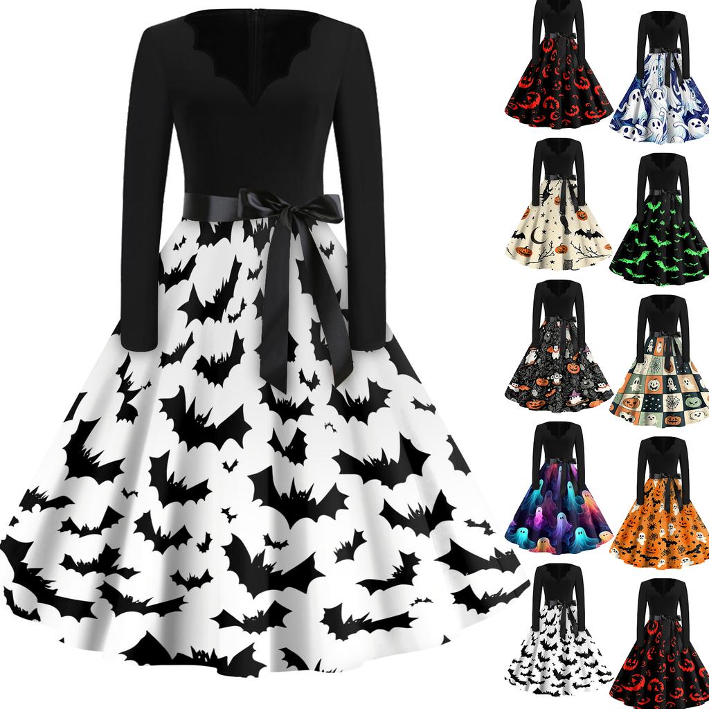 Women Casual Halloween Print V Neck Vintage Dress Long Sleeve Retro Style A Line Skater Dress with Waist Tie for Seasonal Events